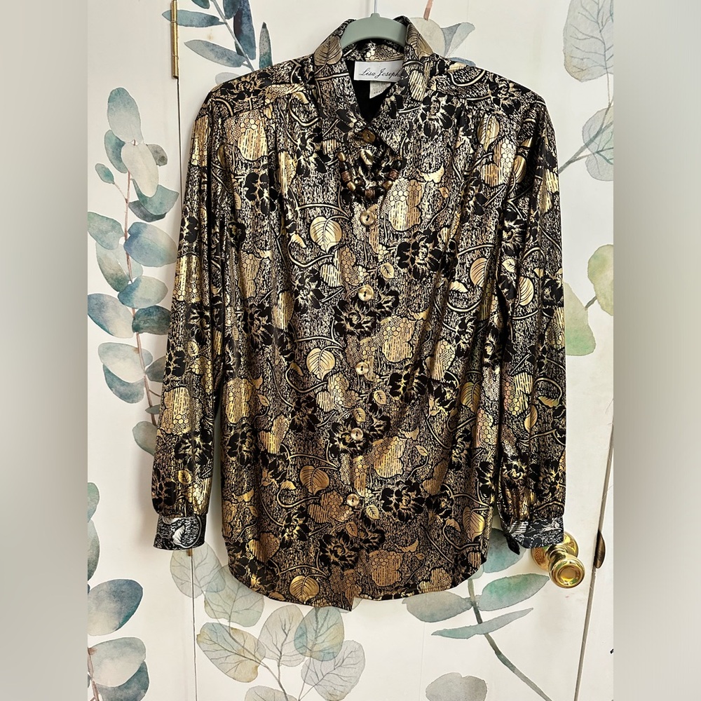 Fancy Metallic Gold and Black floral blouse with silver cuffs, necklace attached